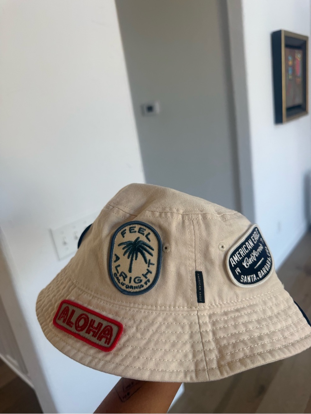 American Eagle Outfitters Cream Bucket Hat with Tropical & Logo Patches